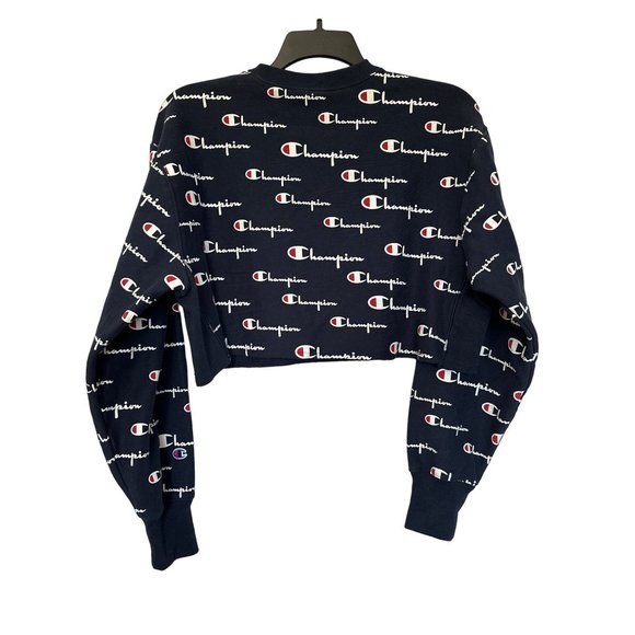 Champion Reverse Weave Sweatshirt Womens Size L Navy Blue Cutoff Cropped Boxy - Picture 2 of 7